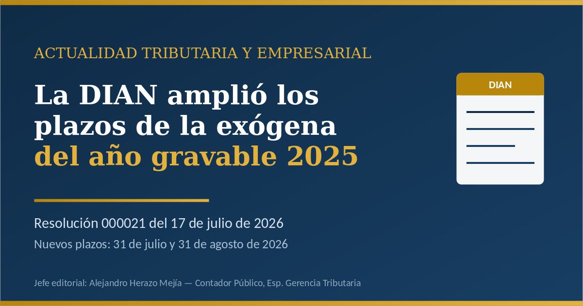 La DIAN amplió los plazos de la información exógena del año gravable 2025: qué cambió con la Resolución 000021 de 2026 Escrito por Alejandro Herazo Mejía