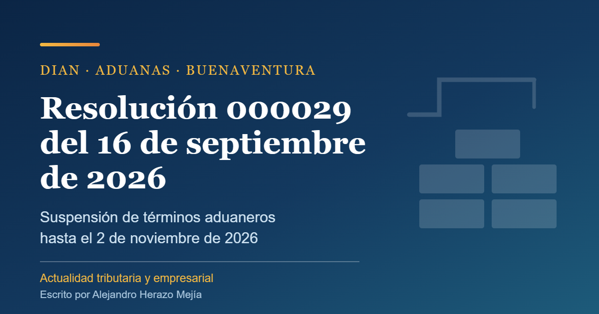 La DIAN suspende términos aduaneros en Buenaventura hasta el 2 de noviembre: qué dice la Resolución 000029 del 16 de septiembre de 2026 — escrito por Alejandro Herazo Mejía