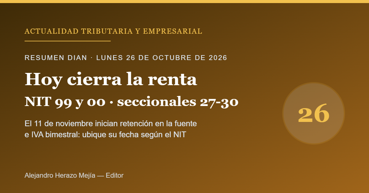 Resumen DIAN del 26 de octubre: hoy cierra la renta de personas naturales (NIT 99 y 00); del 27 al 30 hay ventana por seccional y el 11 de noviembre inician retención e IVA bimestral — escrito por Alejandro Herazo Mejía
