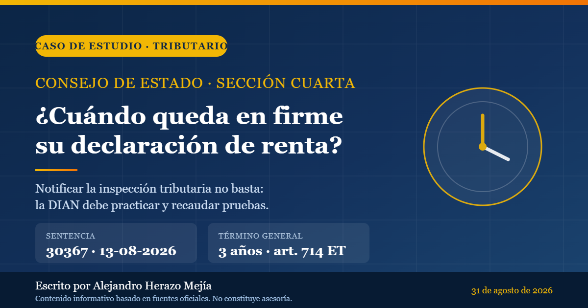 ¿Cuándo queda en firme su declaración de renta? El Consejo de Estado precisa que notificar la inspección tributaria no basta para congelar el reloj (Sentencia 30367 de 2026) — escrito por Alejandro Herazo Mejía
