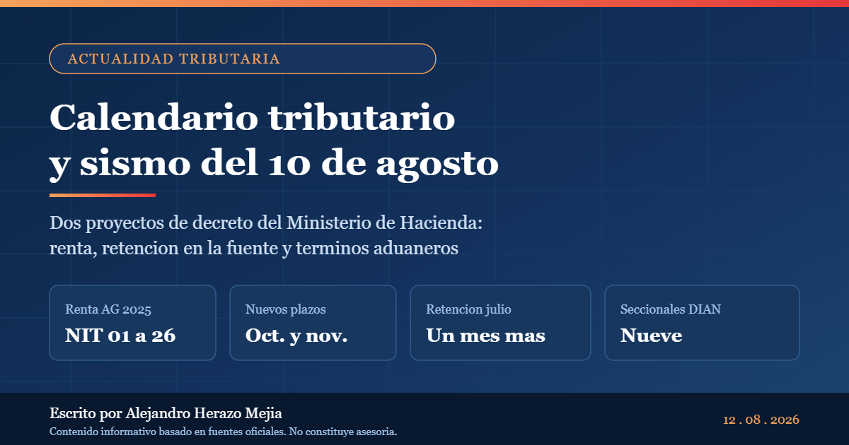Hoy arranca el calendario de renta y el Gobierno propone aplazarlo en nueve seccionales: lo que dicen los dos proyectos de decreto tras el sismo del 10 de agosto — escrito por Alejandro Herazo Mejía