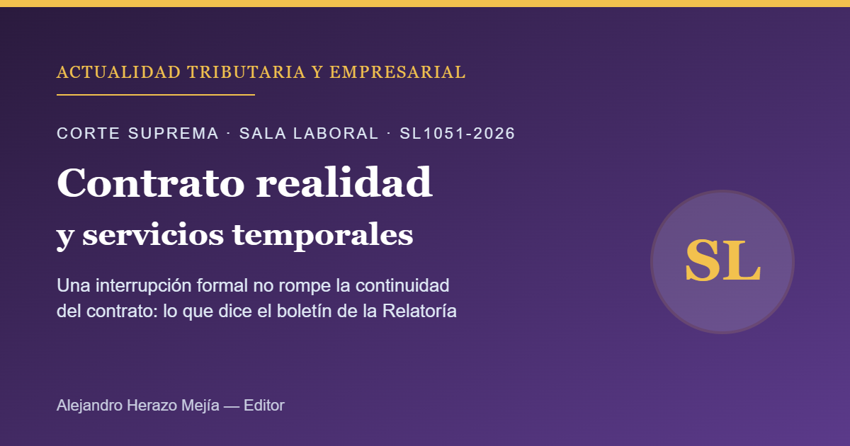 Contrato realidad y empresas de servicios temporales: la Corte Suprema (SL1051-2026) dice que una interrupción formal no rompe la continuidad del contrato — escrito por Alejandro Herazo Mejía