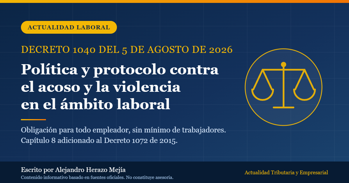 Decreto 1040 de 2026: toda empresa, sin importar su tamaño, debe tener política y protocolo contra el acoso y la violencia laboral — escrito por Alejandro Herazo Mejía
